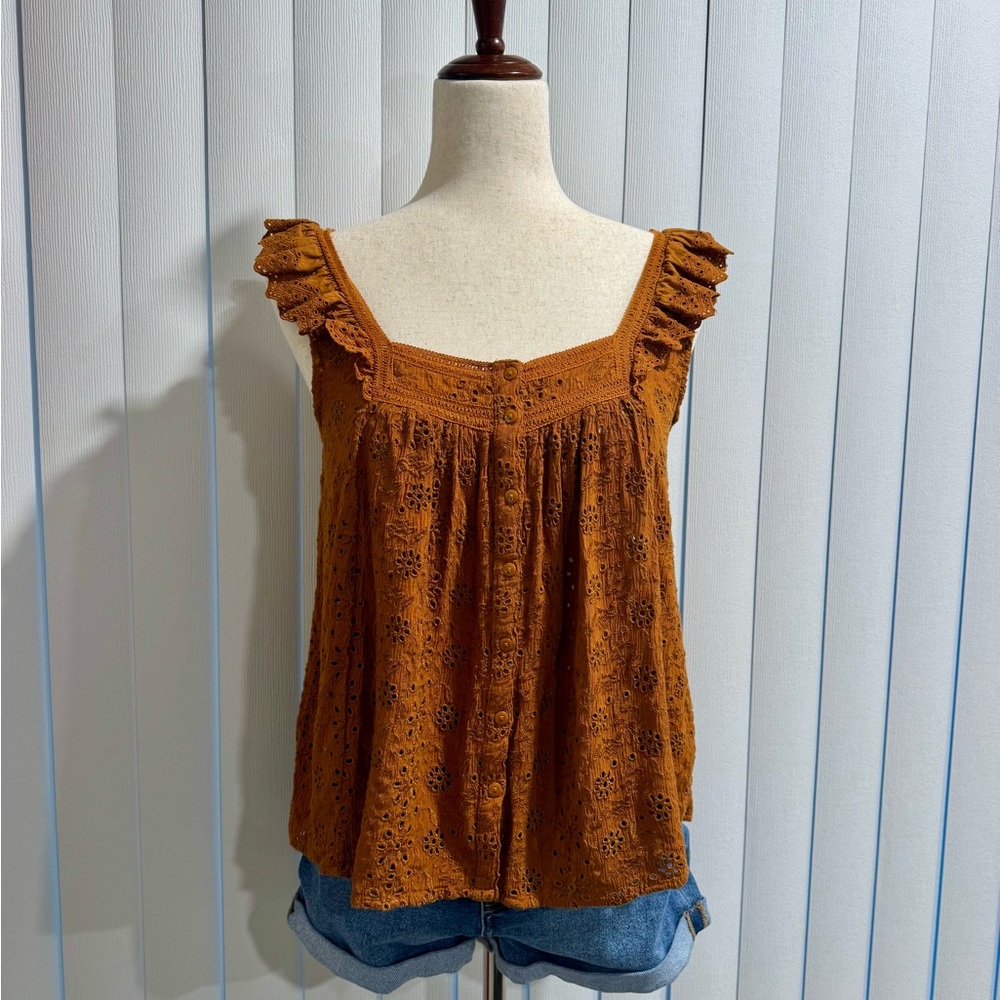 Lucky Brand Eyelet Ruffle Tank Top - Tan